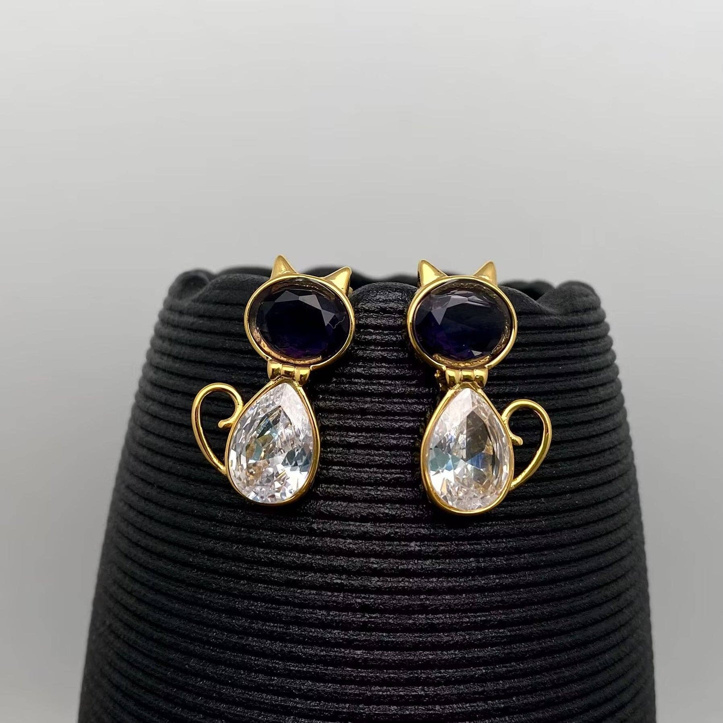 Zircon Cat 18K Gold-Plated Stainless-Steel Stud Earrings