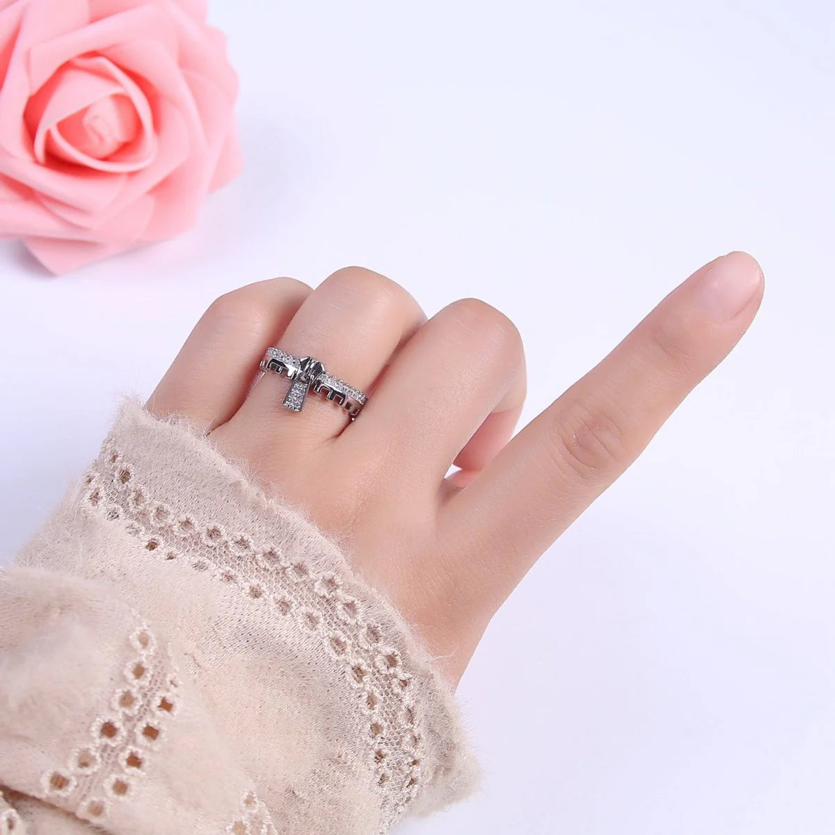 Silver Zipper Crystal Zirconia CZ Adjustable Ring Zip