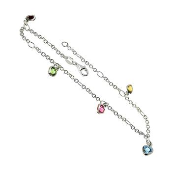 Sterling Silver Multi Color Austria Crystal Dangle Heart Anklet